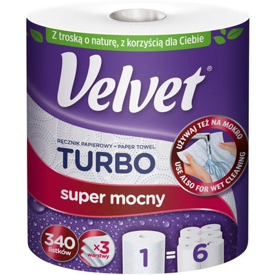 Velvet Turbo 3-ply cellulose white paper towels on a roll