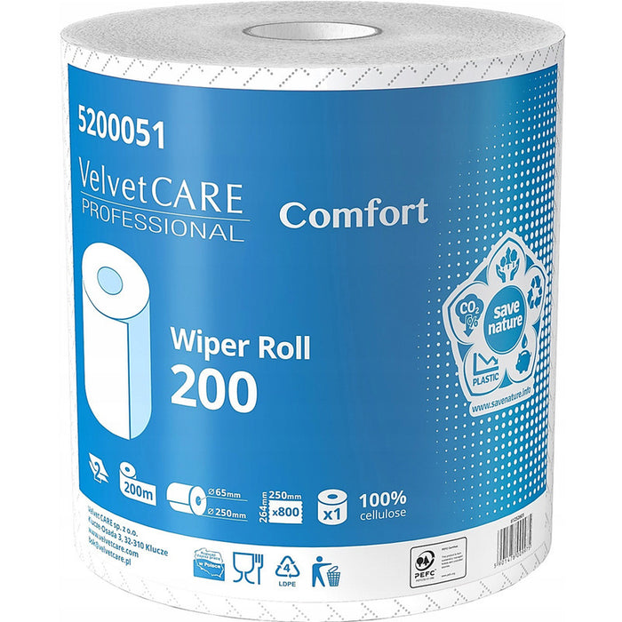 Velvet Care Comfort Cleaning Wipes on a Roll 200m 2-ply Cellulose White